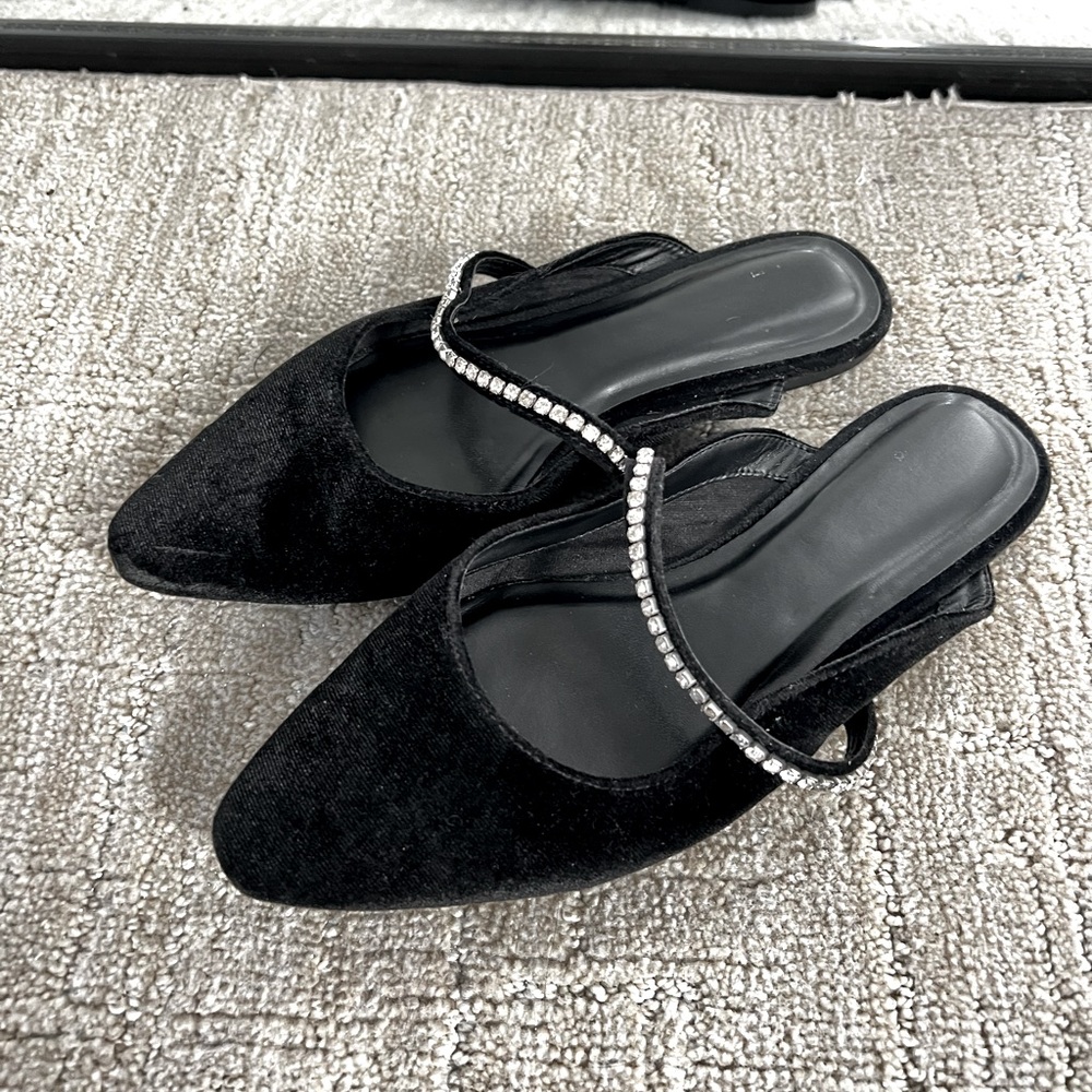 Black suade flat mules